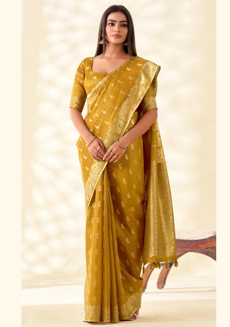 Mustard Woven Zari Work Tissue Silk Saree Set - Indya