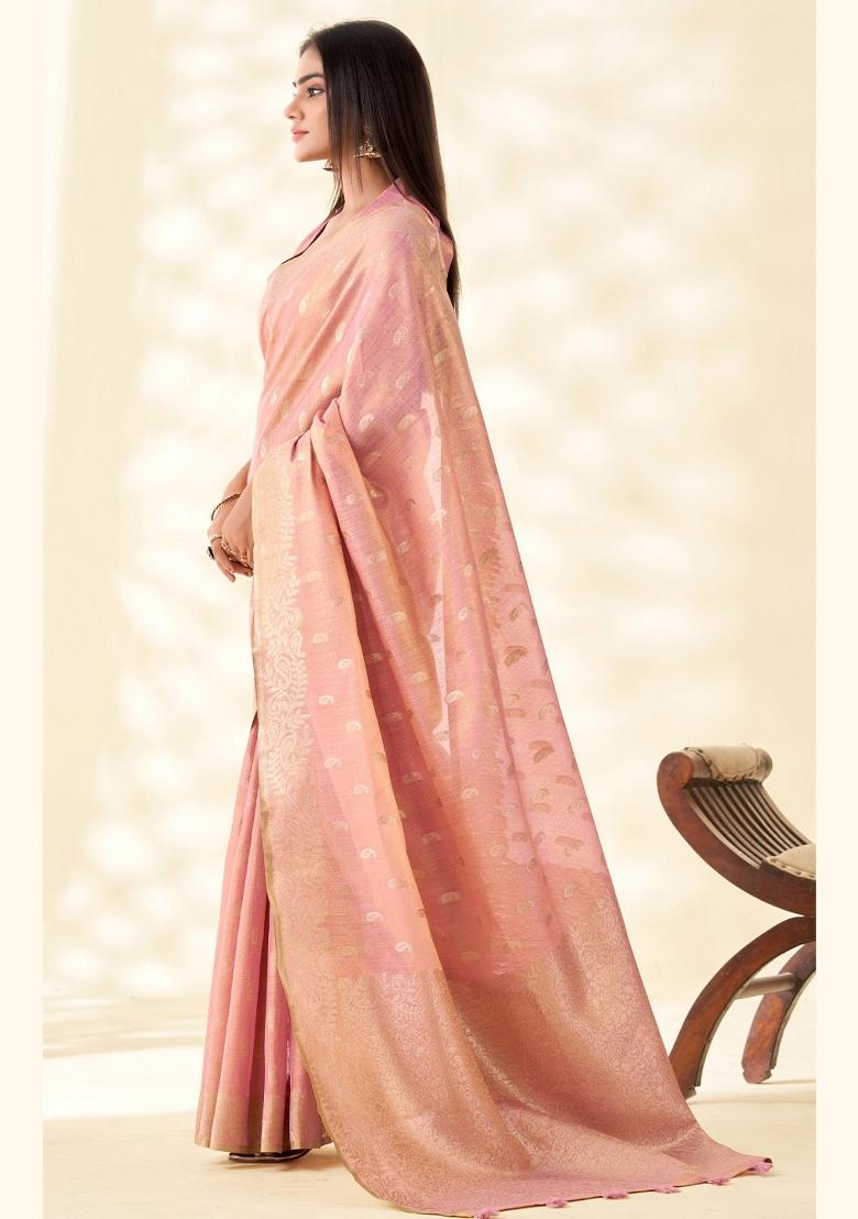 Pastel Pink Woven Zari Work Tissue Silk Saree Set - Indya