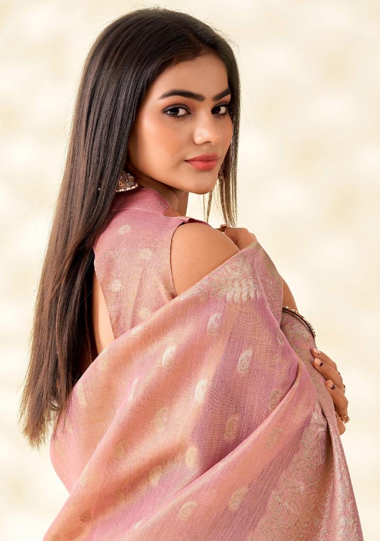 Pastel Pink Woven Zari Work Tissue Silk Saree Set - Indya
