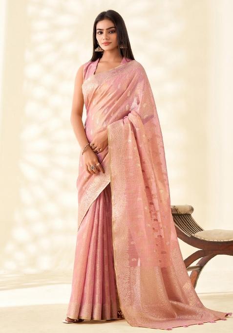 Pastel Pink Woven Zari Work Tissue Silk Blend Saree Set