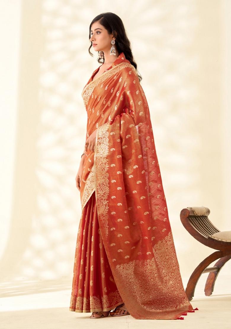 Rust Red Woven Zari Work Tissue Silk Saree Set - Indya