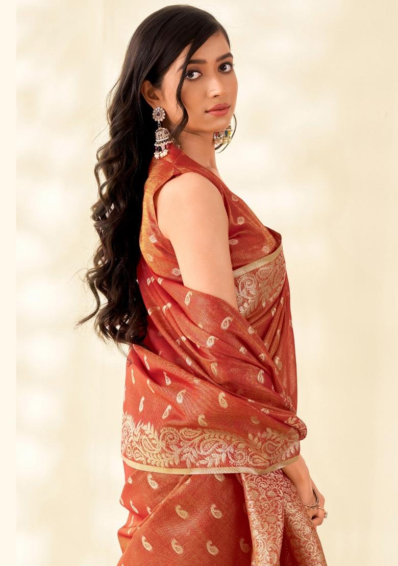 Rust Red Woven Zari Work Tissue Silk Saree Set - Indya