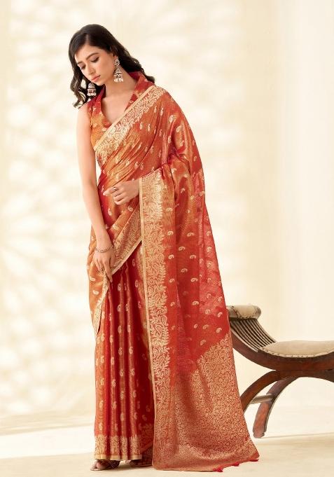 Rust Red Woven Zari Work Tissue Silk Saree Set — view on Indya