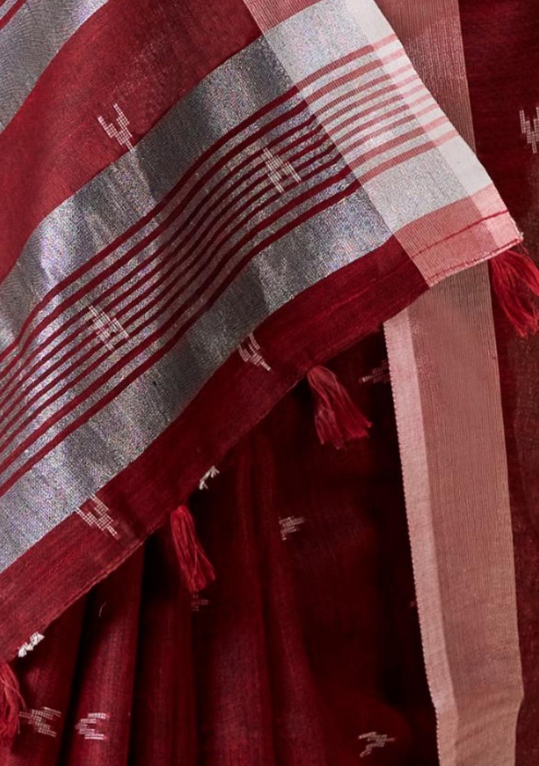 Maroon Woven Zari Work Poly Cotton Saree Set - Indya