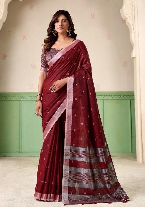 Maroon Woven Zari Work Poly Cotton Saree Set