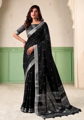 Black Woven Zari Work Poly Cotton Saree Set