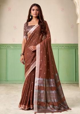 Brown Woven Zari Work Poly Cotton Saree Set