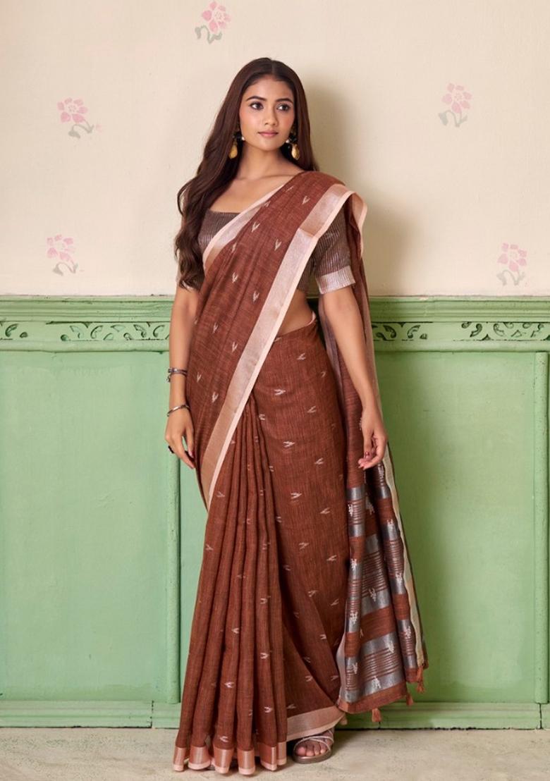 Brown Woven Zari Work Poly Cotton Saree Set - Indya