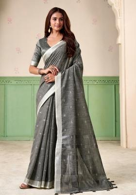 Grey Woven Zari Work Poly Cotton Saree Set