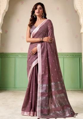 Mauve Woven Zari Work Poly Cotton Saree Set