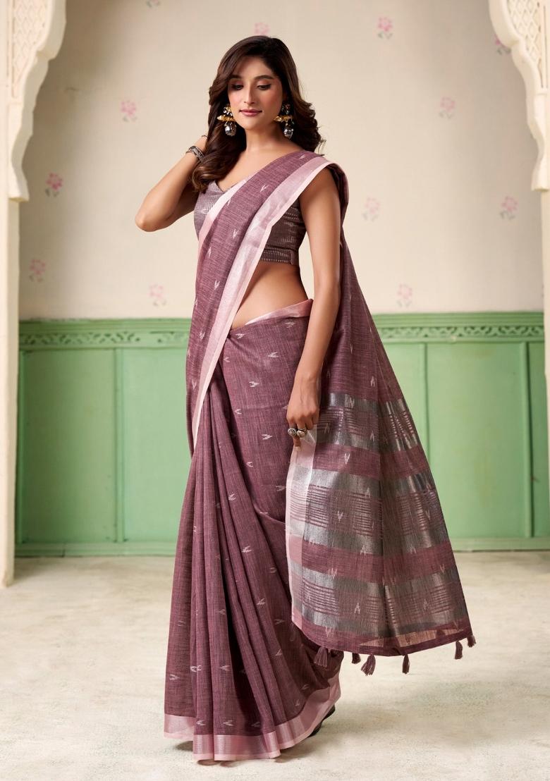 Mauve Woven Zari Work Poly Cotton Saree Set - Indya