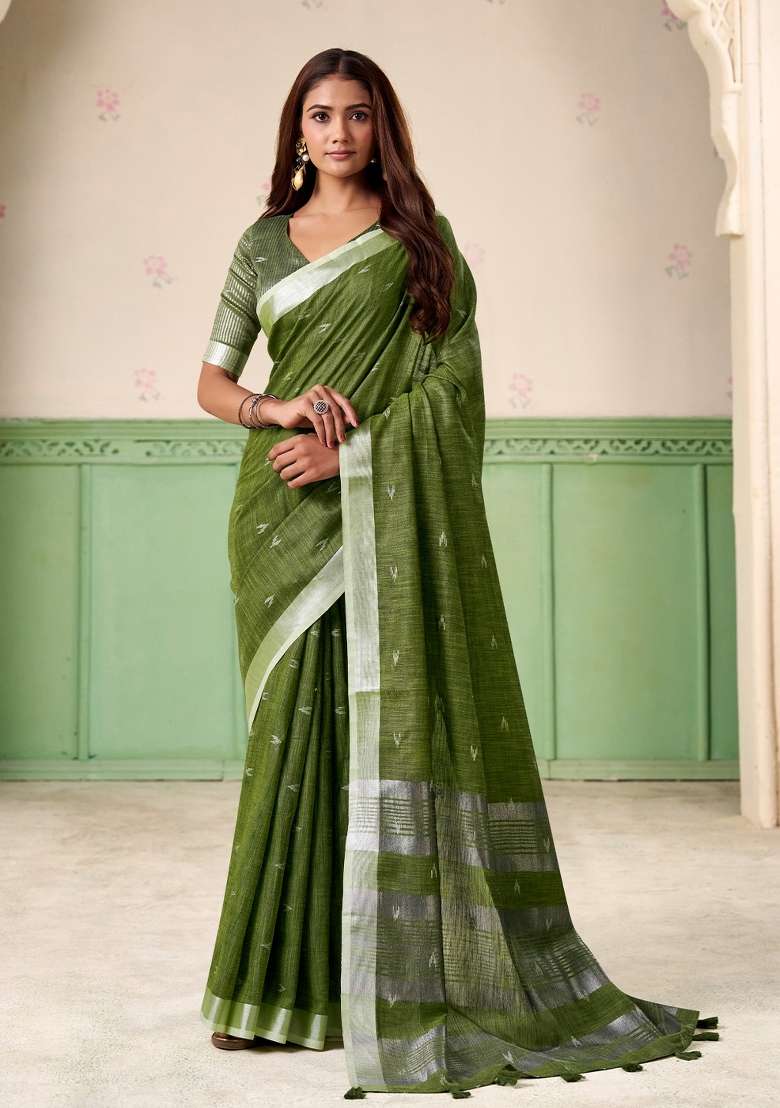 Olive Green Woven Poly Cotton Saree Set with Zari Work for Diwali | Wedding & Festive Wear - Indya
