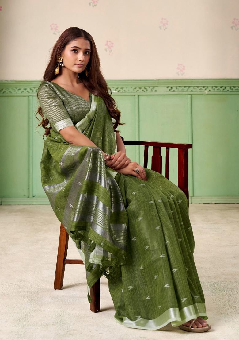 Olive Green Woven Zari Work Poly Cotton Saree Set - Indya
