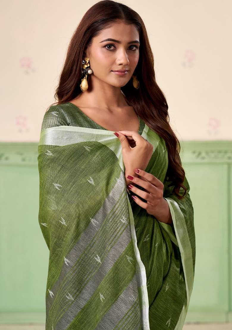 Olive Green Woven Poly Cotton Saree Set with Zari Work for Diwali | Wedding & Festive Wear - Indya