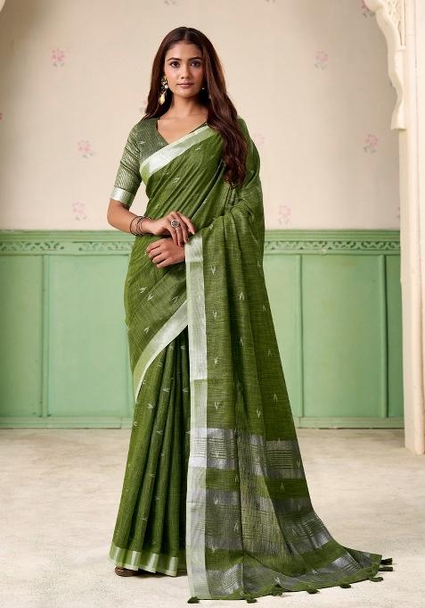 Olive Green Woven Zari Work Poly Cotton Saree Set