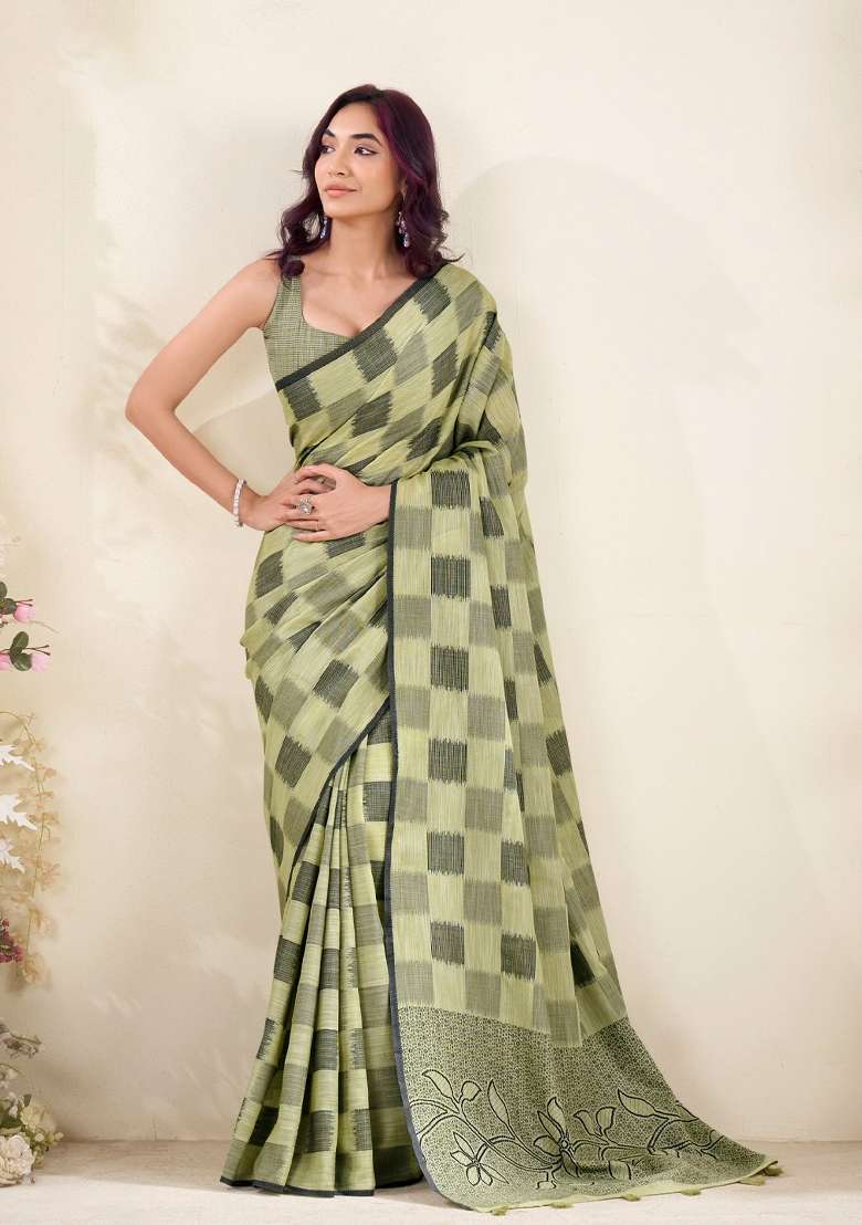 Olive Green Woven Zari Work Poly Cotton Saree Set for Diwali and Festive Wear - Indya