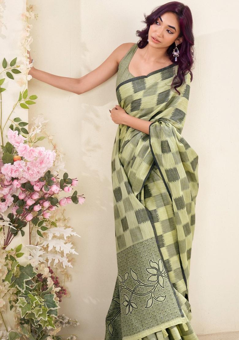 Olive Green Woven Zari Work Poly Cotton Saree Set - Indya