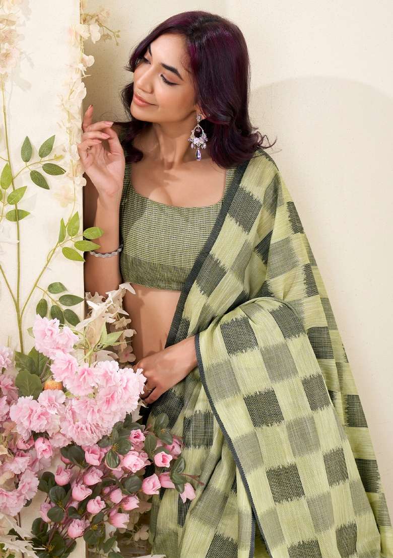 Olive Green Woven Zari Work Poly Cotton Saree Set for Diwali and Festive Wear - Indya