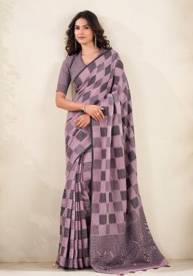 Mauve Woven Zari Work Poly Cotton Saree Set