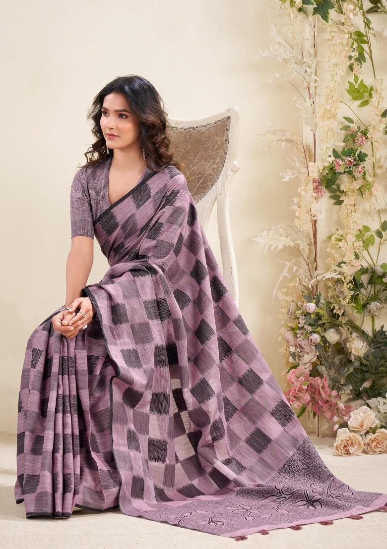 Mauve Woven Zari Work Poly Cotton Saree Set - Indya