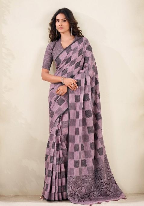 Mauve Woven Zari Work Poly Cotton Saree Set