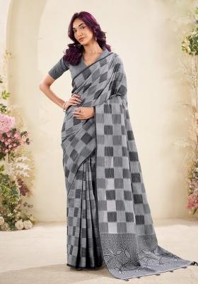 Grey Woven Zari Work Poly Cotton Saree Set