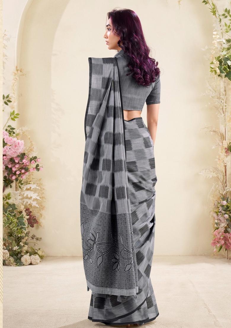 Grey Woven Zari Work Poly Cotton Saree Set - Indya