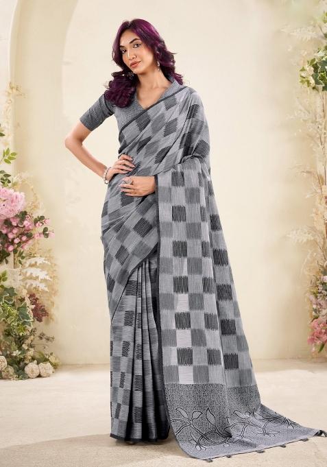 Grey Woven Zari Work Poly Cotton Saree Set