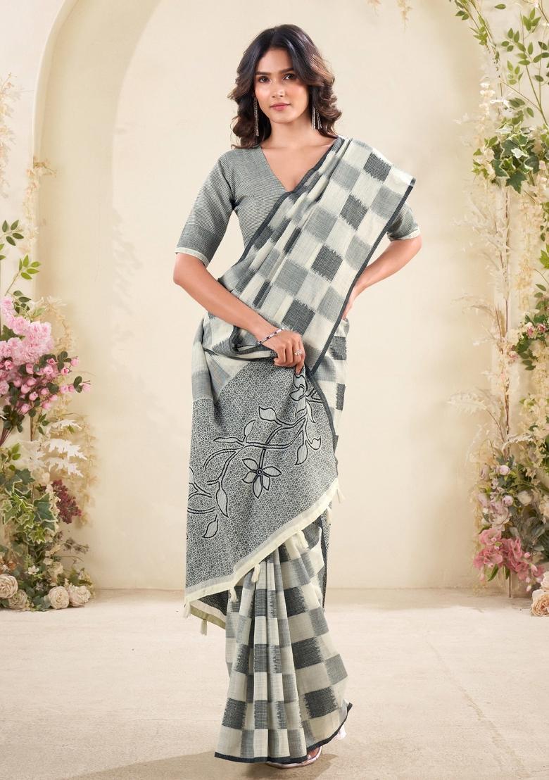 Off White Woven Zari Work Poly Cotton Saree Set - Indya