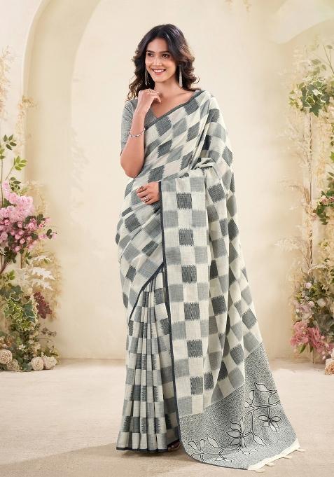 Off White Woven Zari Work Poly Cotton Saree Set