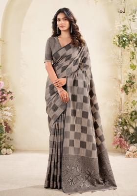 Brown Woven Zari Work Poly Cotton Saree Set