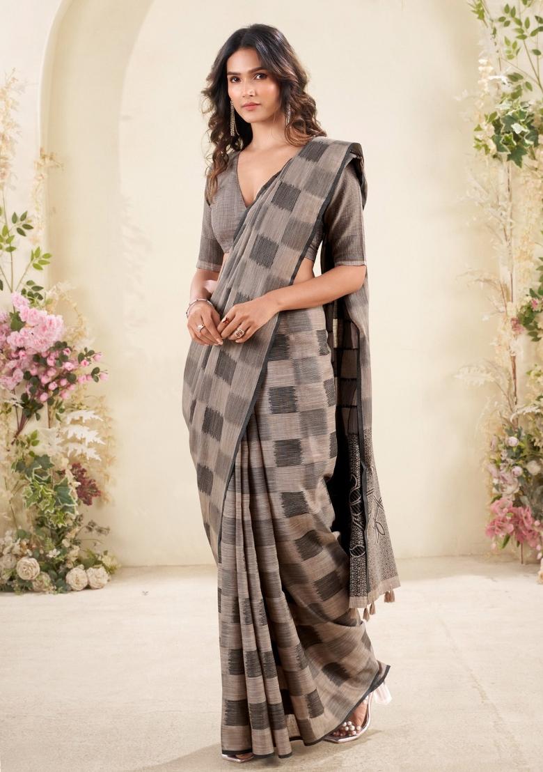 Brown Woven Zari Work Poly Cotton Saree Set - Indya