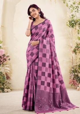 Magenta Woven Zari Work Poly Cotton Saree Set