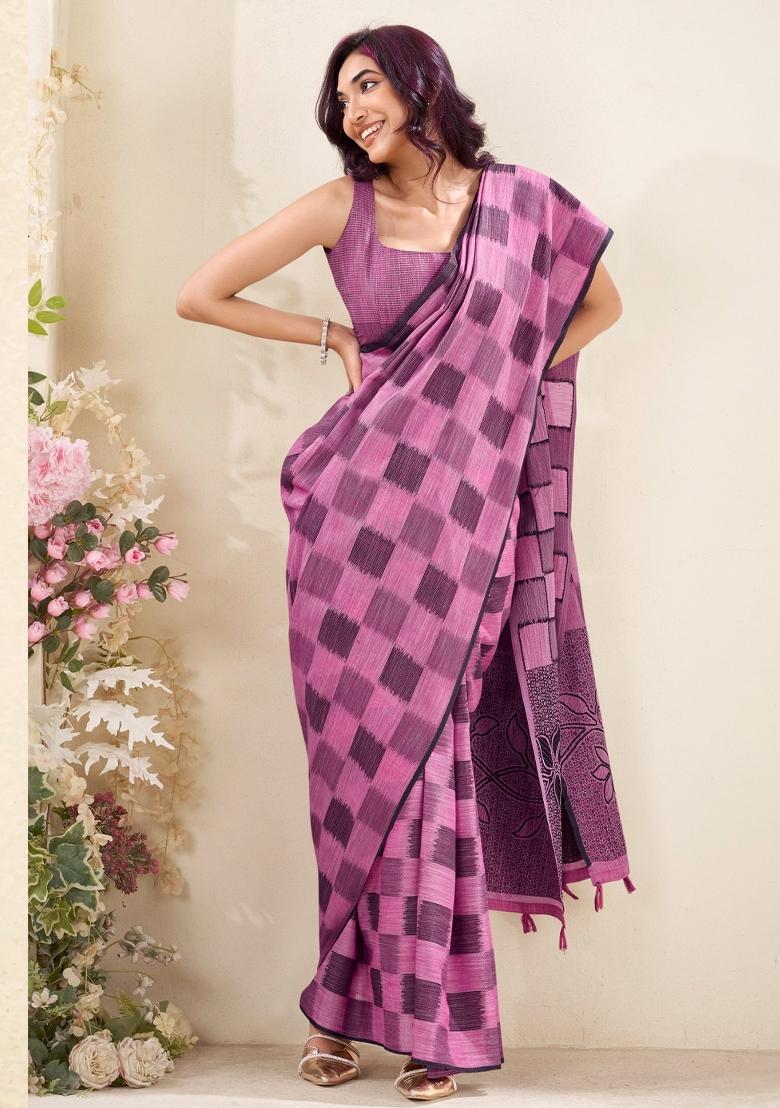 Magenta Woven Zari Work Poly Cotton Saree Set - Indya