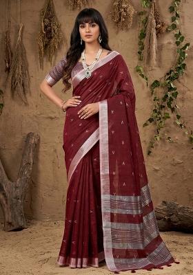 Maroon Woven Zari Work Poly Cotton Saree Set