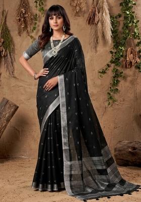Black Woven Zari Work Poly Cotton Saree Set