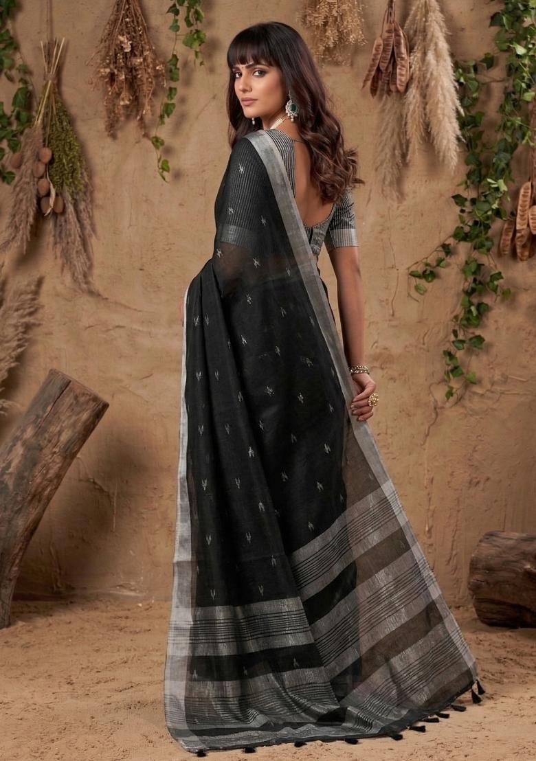 Black Woven Zari Work Poly Cotton Saree Set - Indya