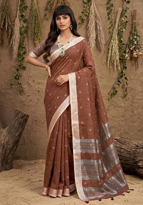Brown Woven Zari Work Poly Cotton Saree Set