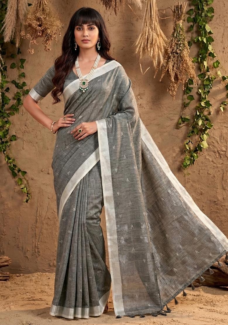 Grey Woven Zari Work Poly Cotton Saree Set - Indya