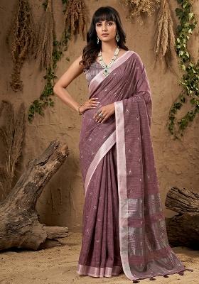 Mauve Woven Zari Work Poly Cotton Saree Set
