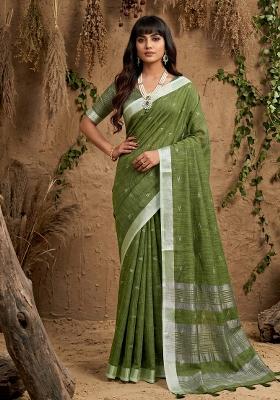 Olive Green Woven Zari Work Poly Cotton Saree Set