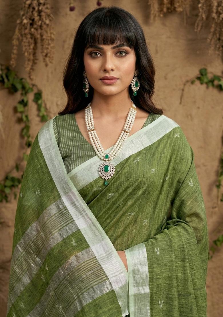 Olive Green Woven Zari Work Poly Cotton Saree Set - Indya