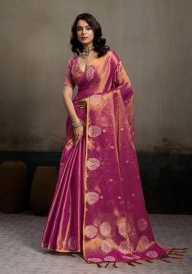 Magenta Woven Zari Work Tissue Silk Saree Set