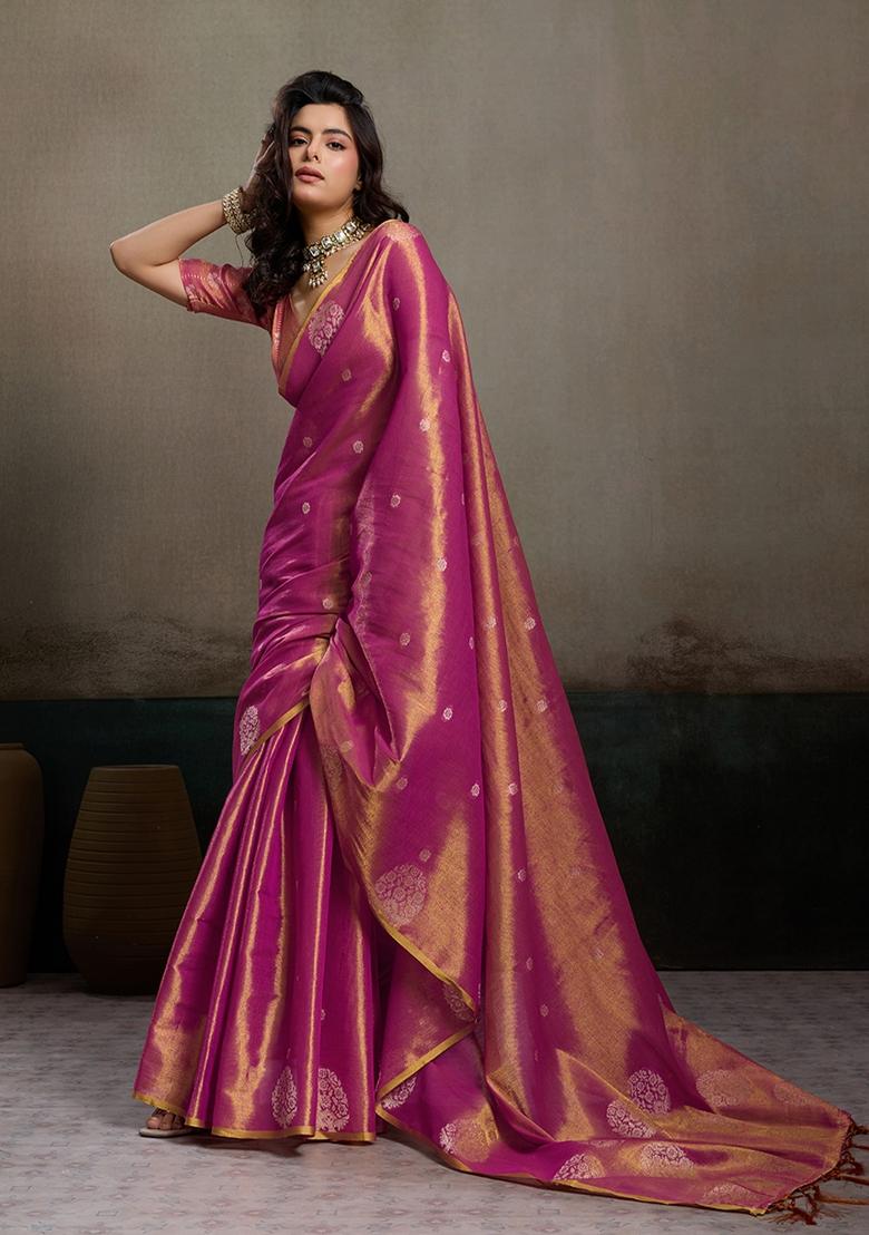 Magenta Woven Zari Work Tissue Silk Saree Set - Indya