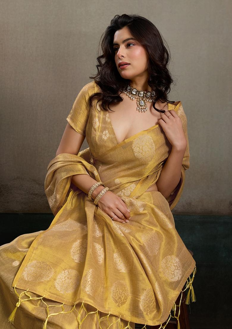 Beige Woven Zari Work Tissue Silk Saree Set - Indya