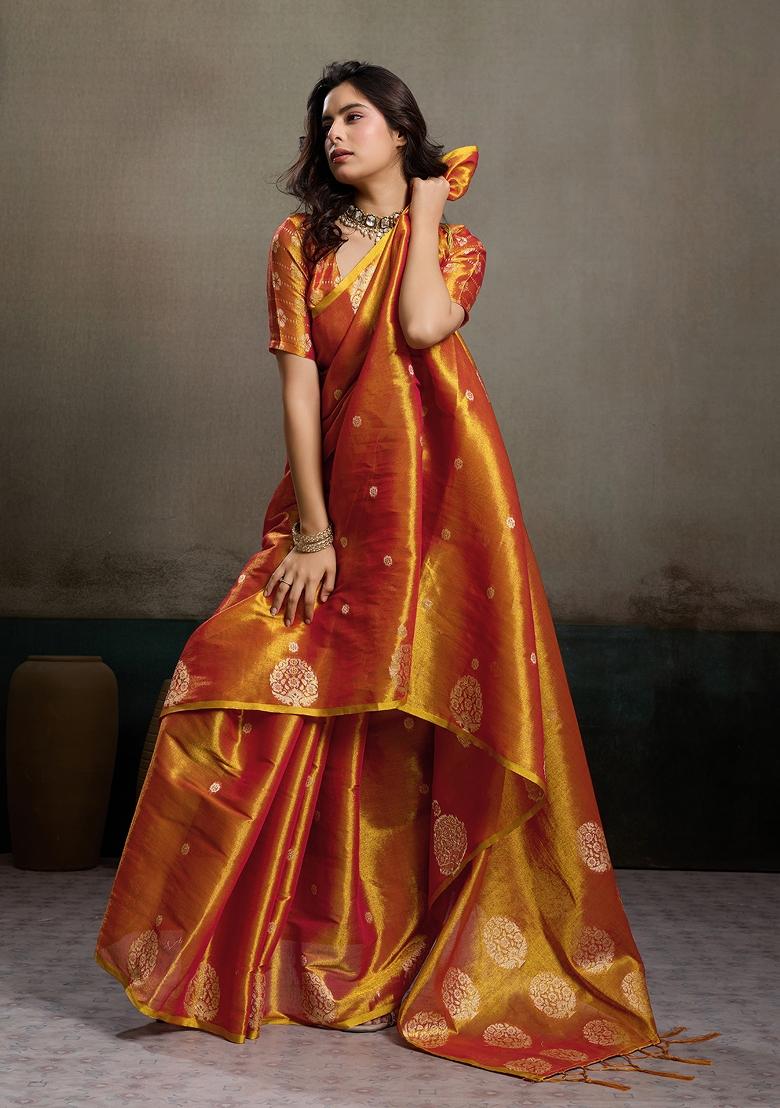 Rust Woven Zari Work Tissue Silk Saree Set - Indya