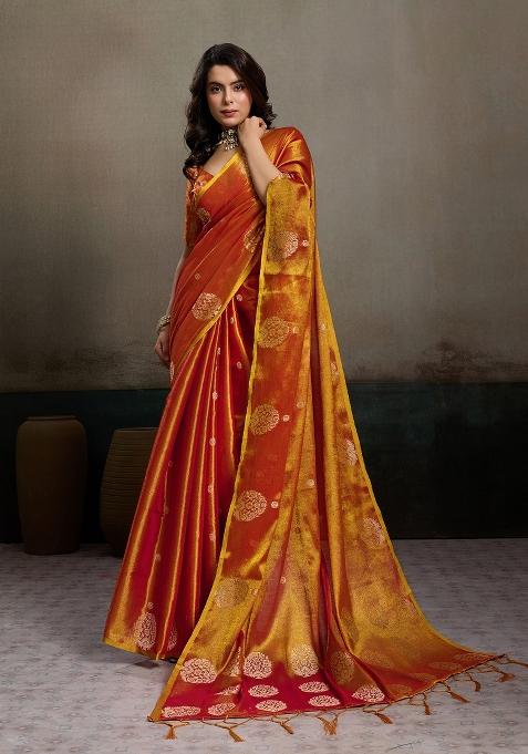 Rust Woven Zari Work Tissue Silk Saree Set