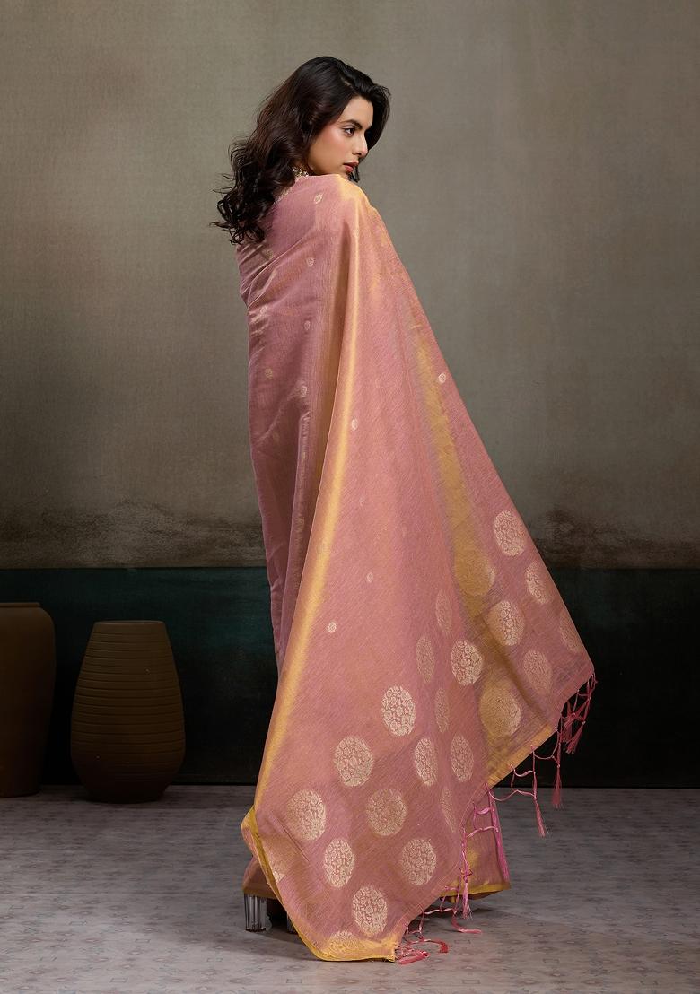 Peach Woven Zari Work Tissue Silk Saree Set - Indya