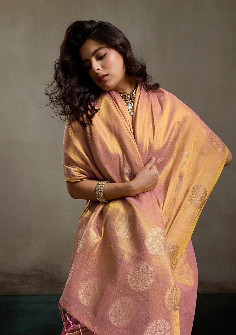 Peach Woven Zari Work Tissue Silk Saree Set - Indya