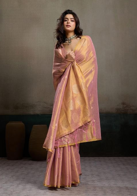 Peach Woven Zari Work Tissue Silk Saree Set